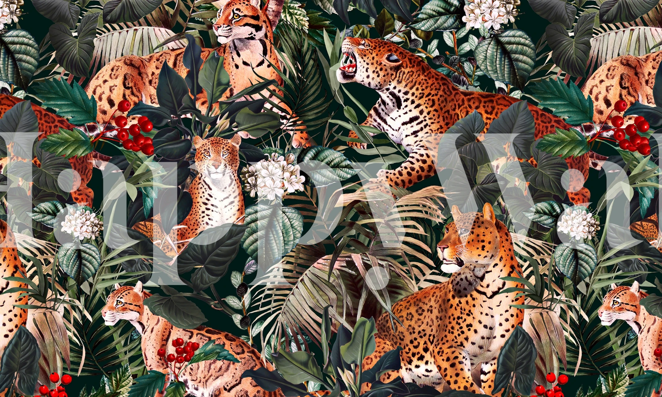 Leopard wallpaper surrounded by tropical leaves with dark background