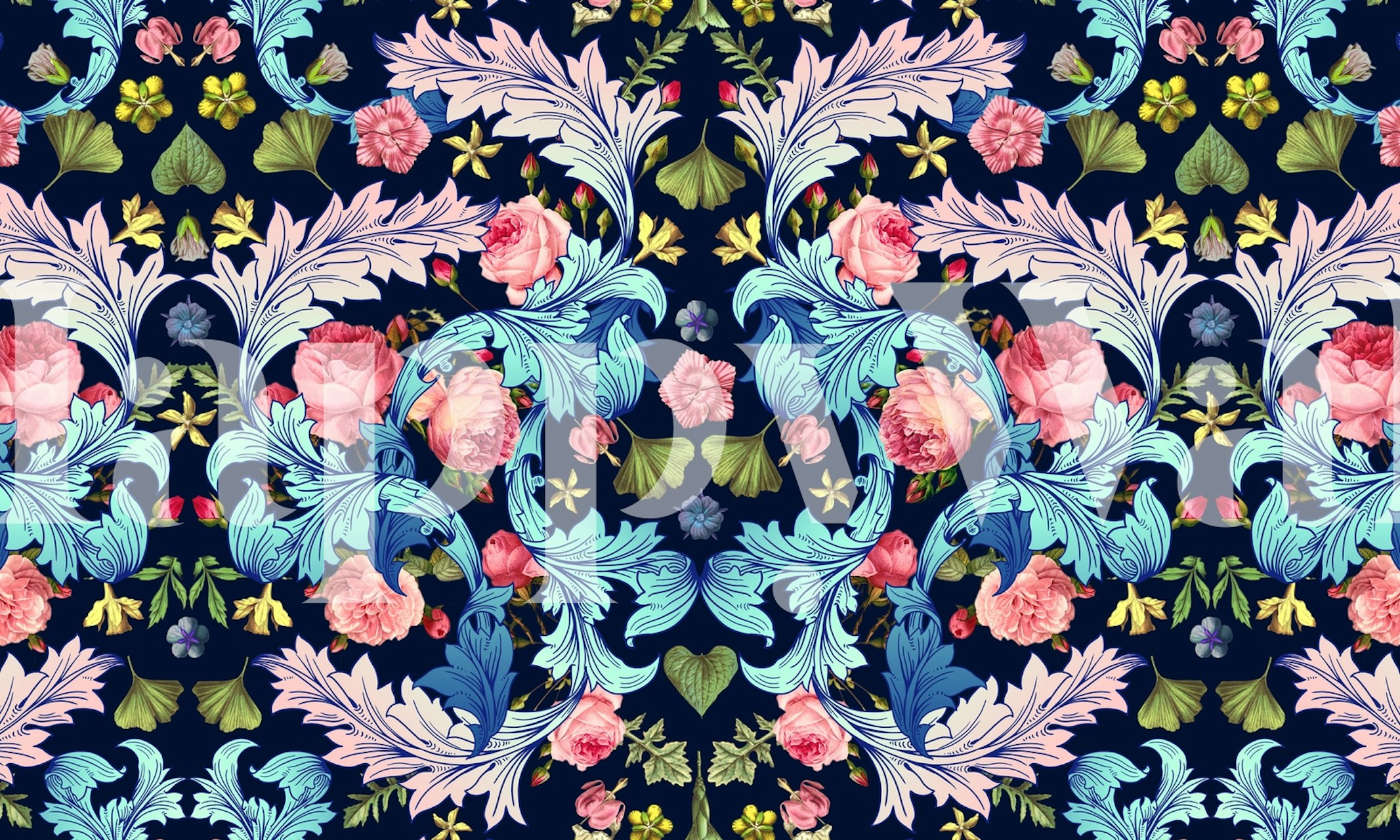 Floral pattern with pink roses and blue leaves on dark background wallpaper