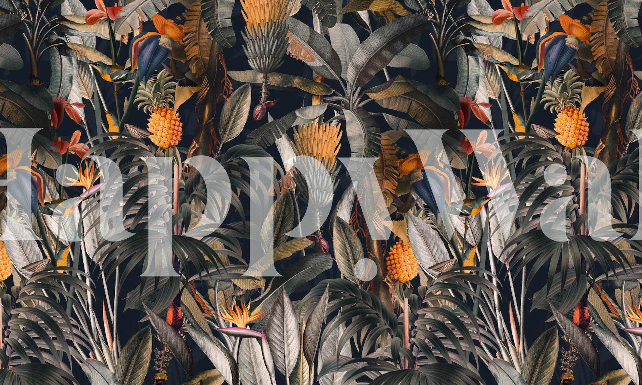 Tropical botanical wallpaper with colorful leaves and flowers.