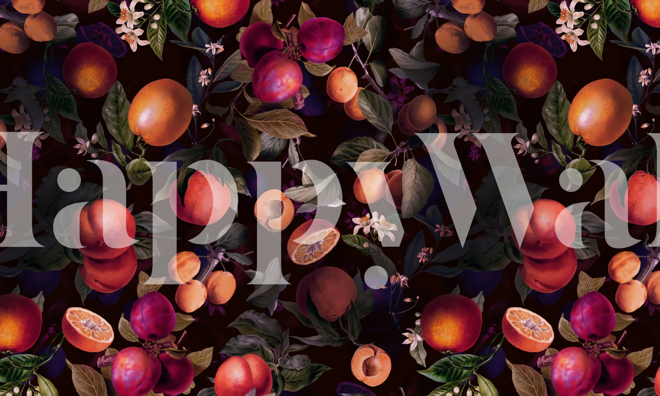 Vintage fruit pattern wallpaper with oranges and peaches on dark background