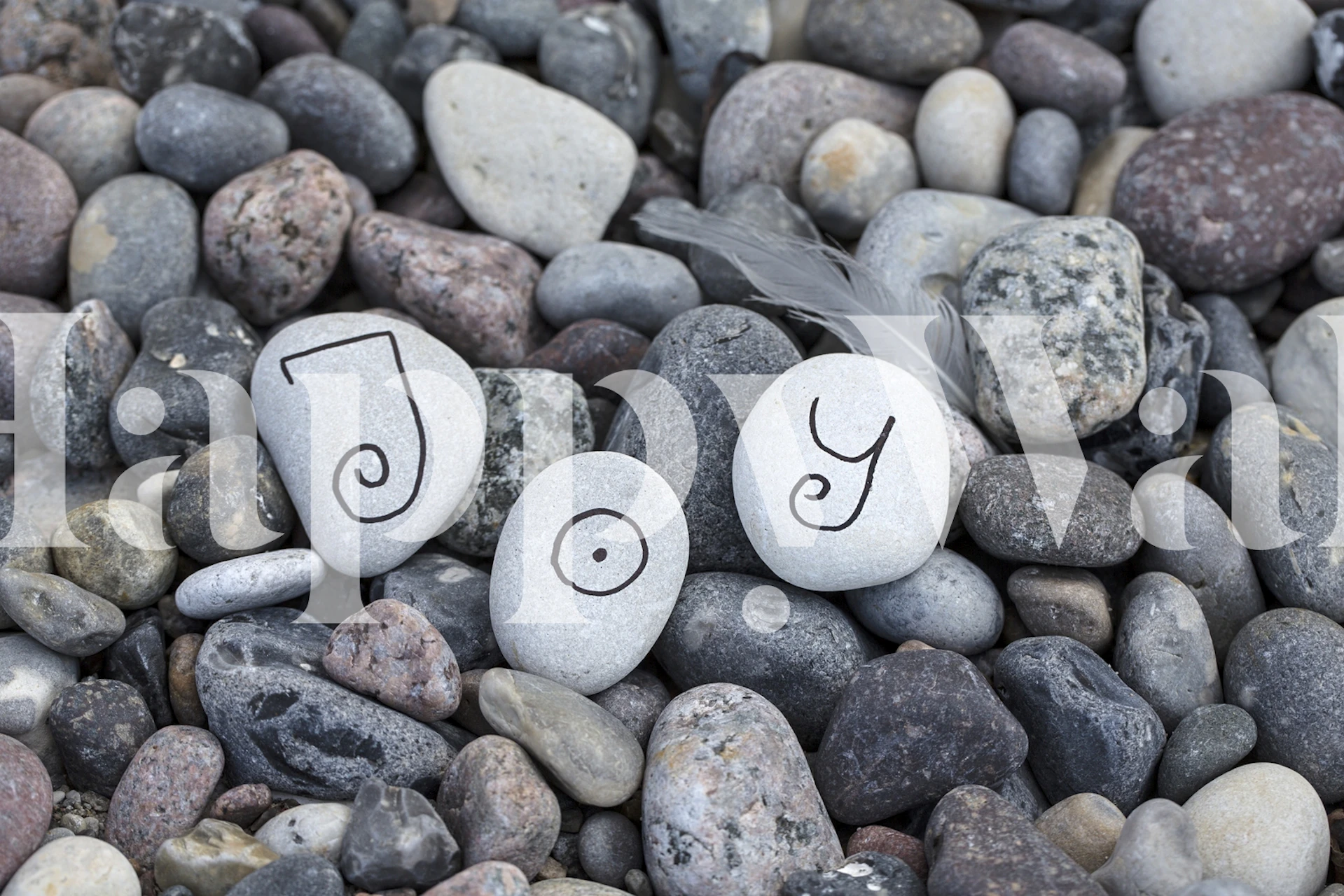 Pebble patterned wallpaper with stones and joyful lettering in earthy tones