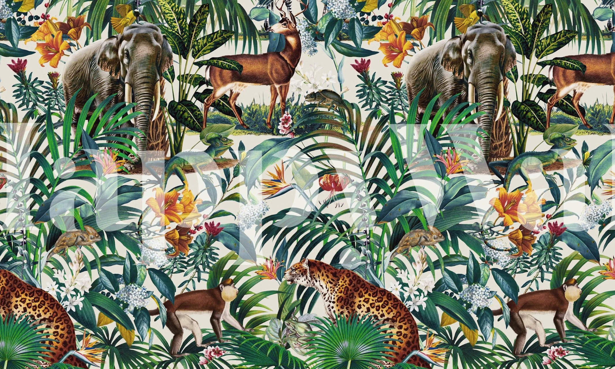 Mural de parede floral e animal padrão III com elefantes, flamingos e plantas tropicais