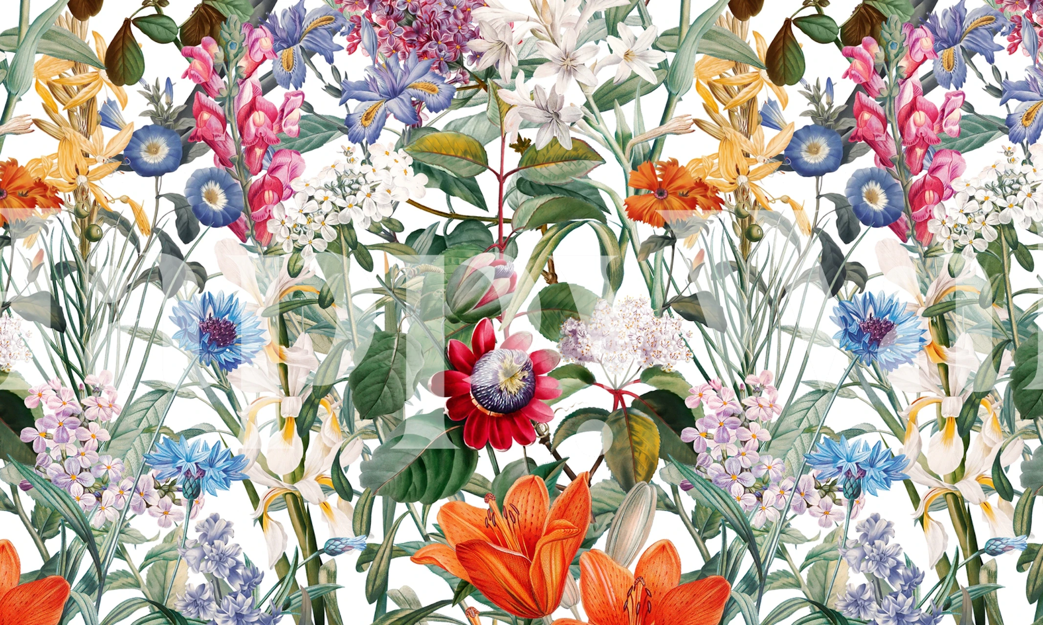 Vægmaleri med et vintage blomstermønster, der viser en række farverige blomster og løv