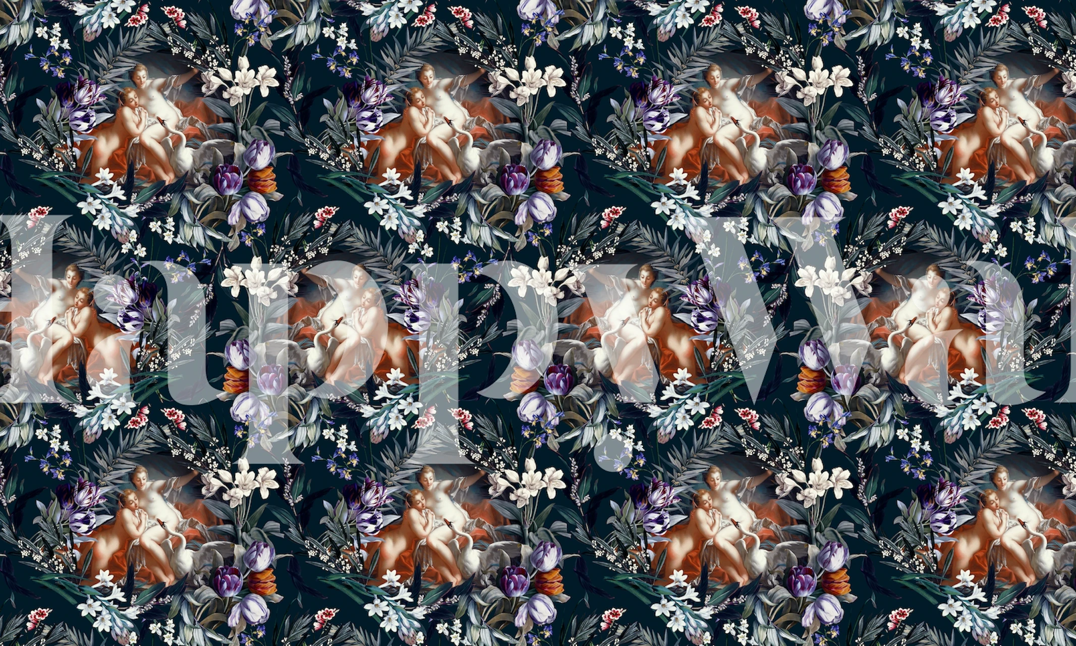 Leda and the Swan with floral motifs in dark blue, purple, and orange wallpaper