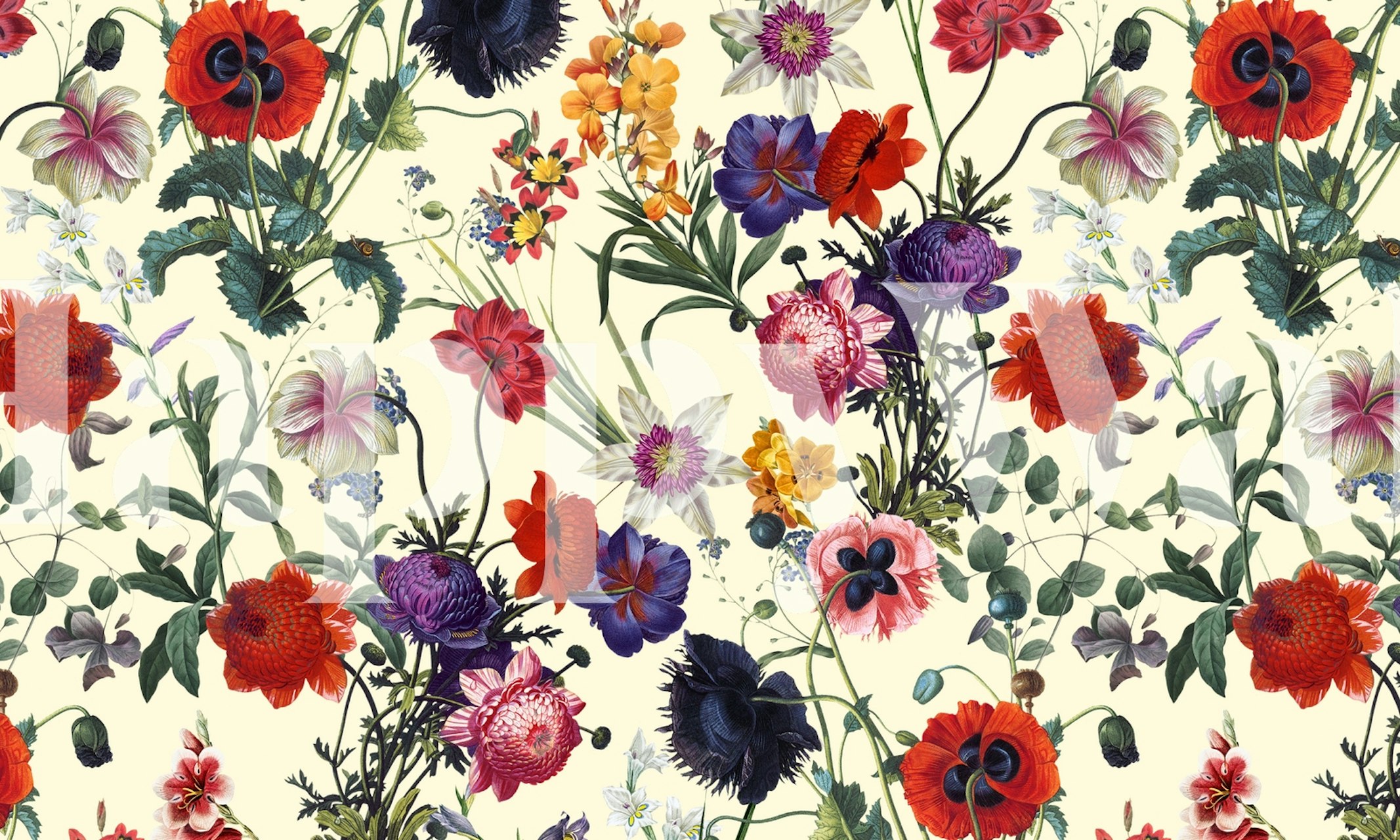 Colorful floral pattern with various flowers including red, purple, and yellow on light background wallpaper