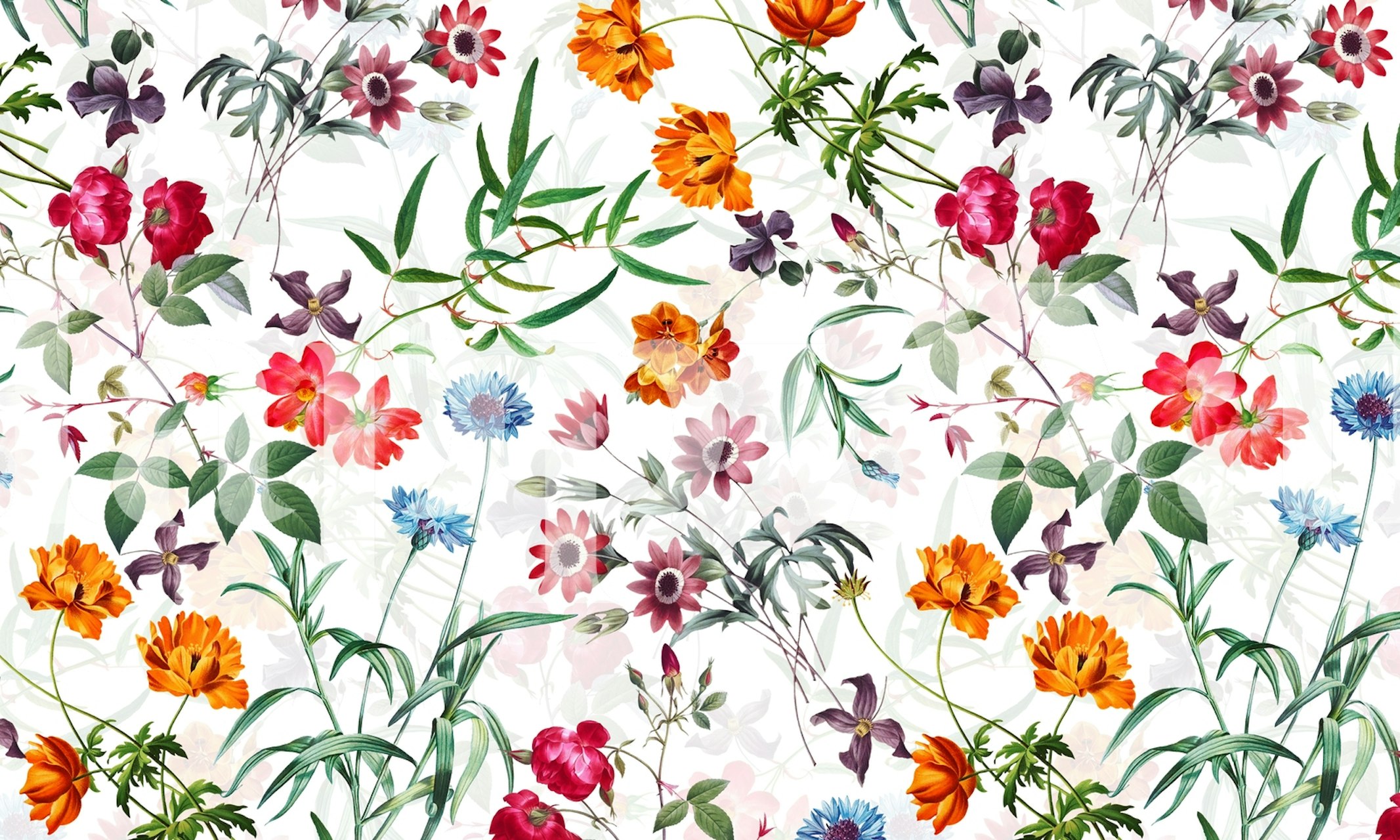 Colorido mural floral con una variedad de flores de jardín que crean una escena botánica caprichosa