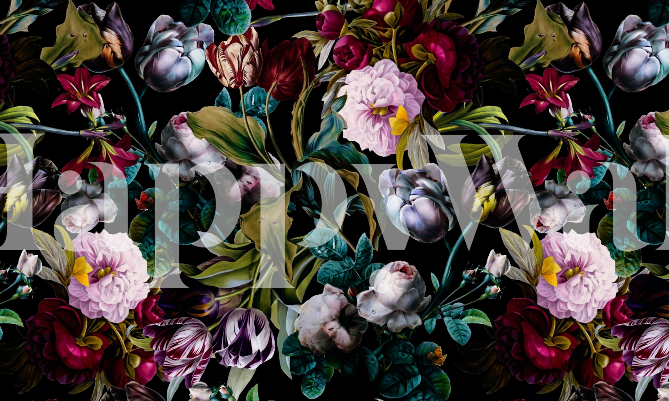 Colorful floral patterns with pink, purple, and green accents on a dark background wallpaper