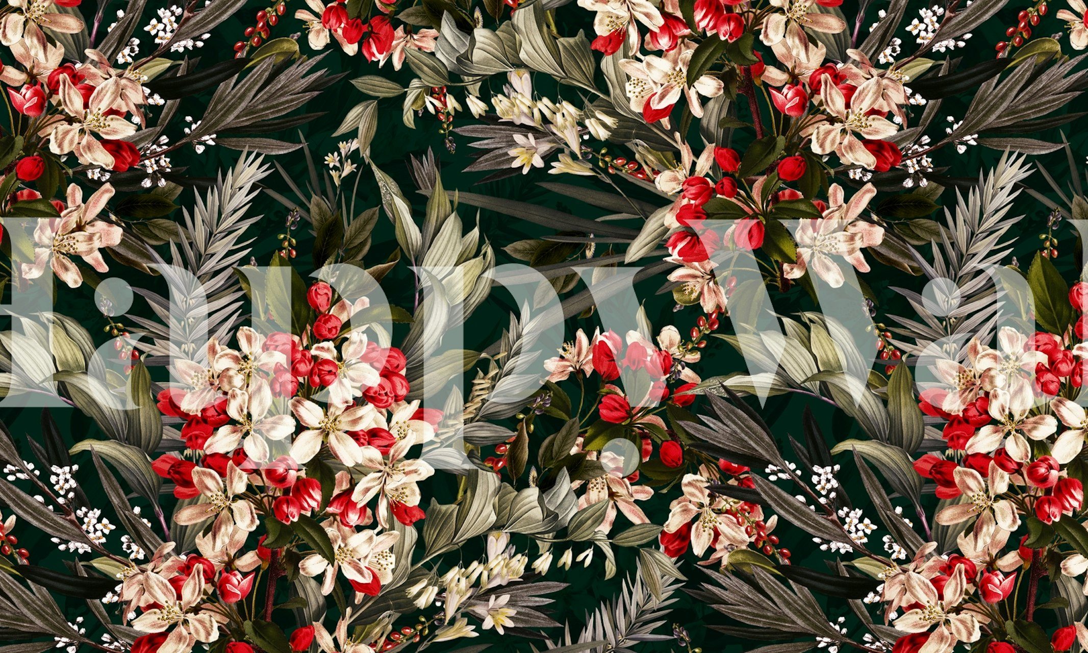 Floral wallpaper with red and beige flowers on dark green background