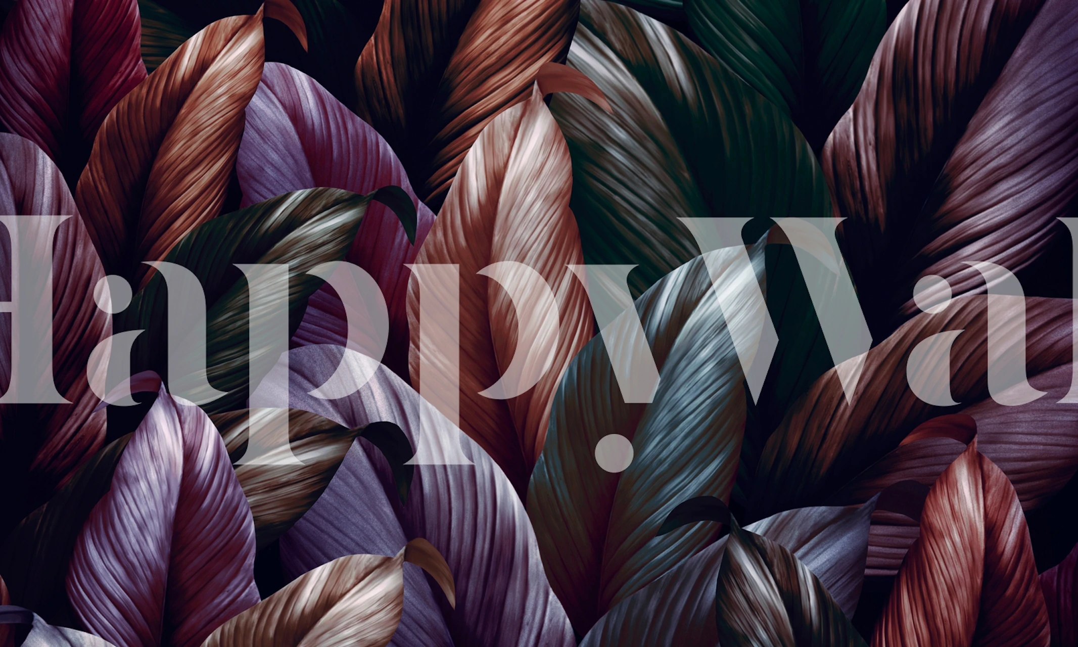 Dark leafy wallpaper with rich hues of green, purple, and brown in botanical design