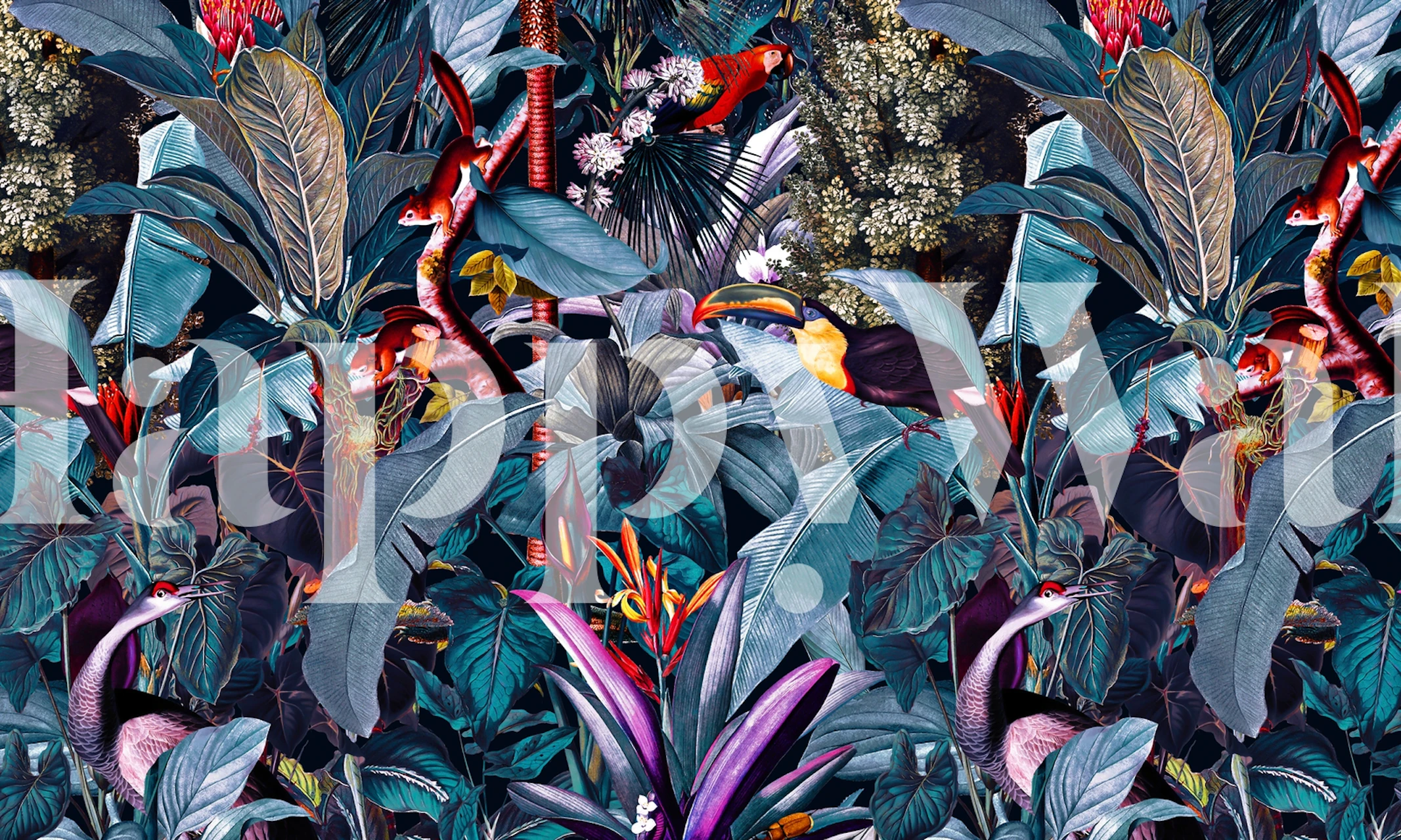 Tropical jungle wallpaper with colorful birds and lush green leaves