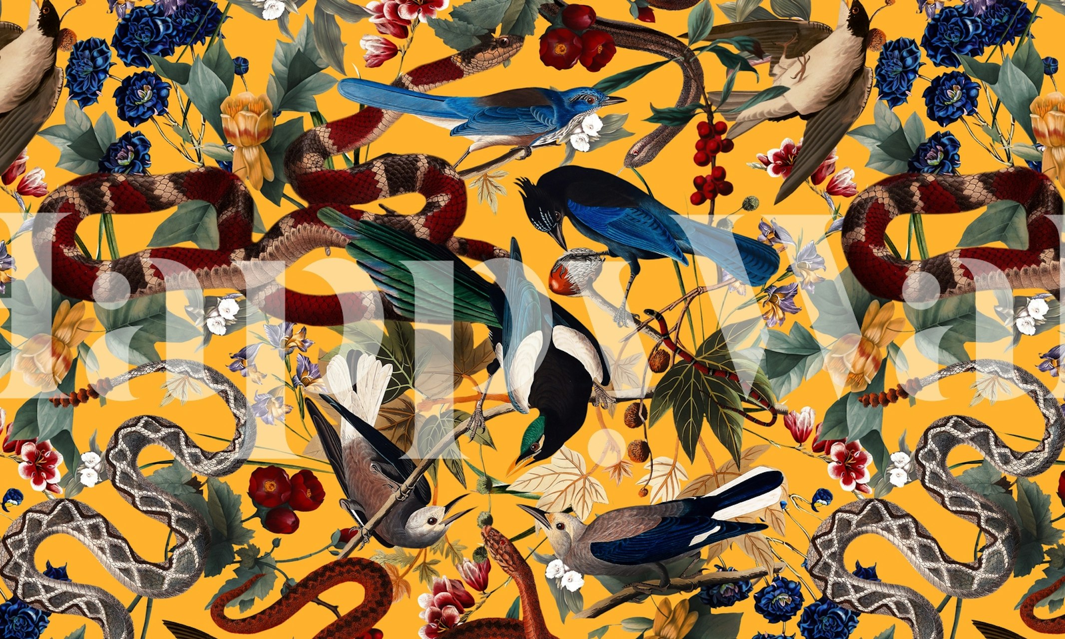 Kolorowa fototapeta z leśnymi zwierzętami i zagrożeniami wśród kwiatów na złotym tle