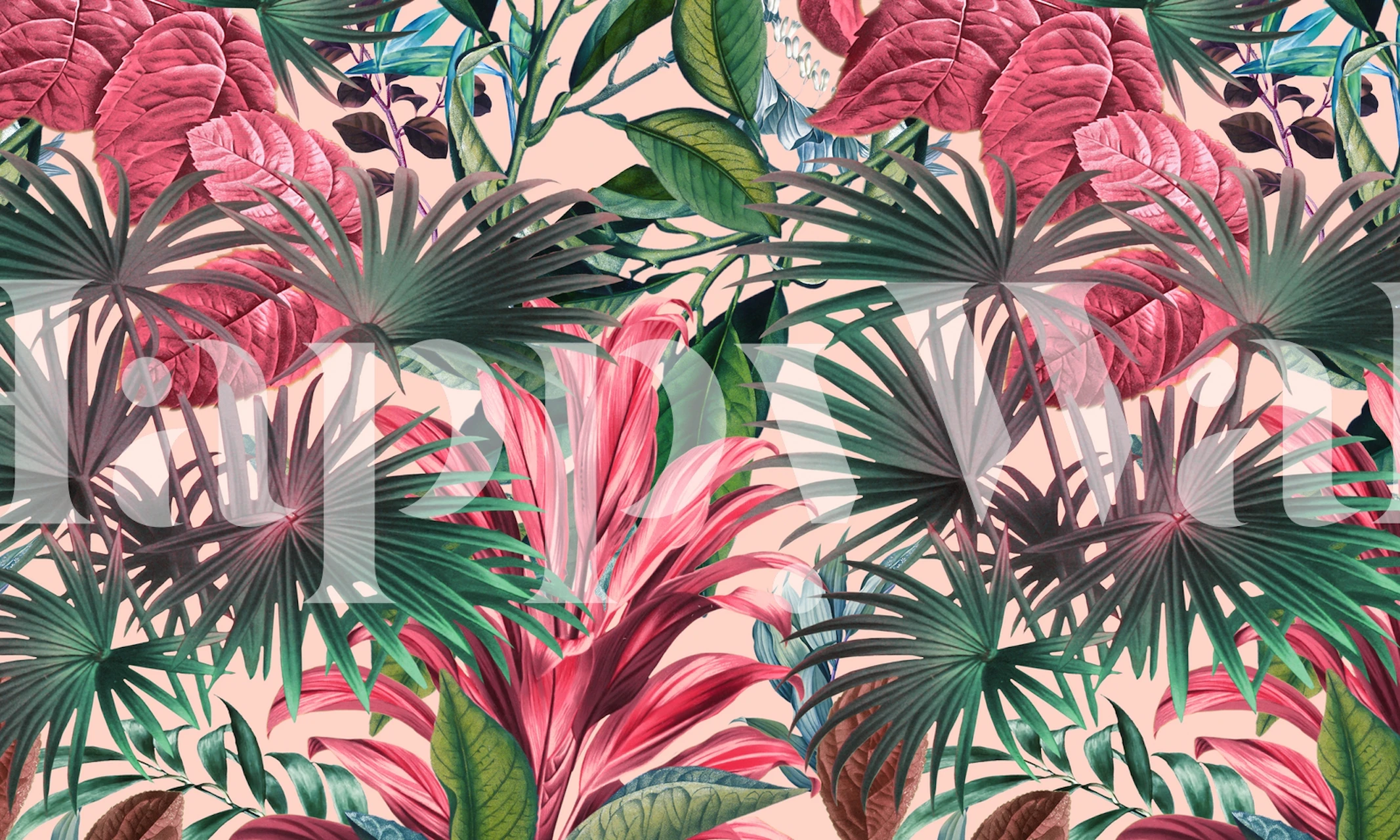 Tropical leaf pattern wallpaper with vibrant pink and green colors