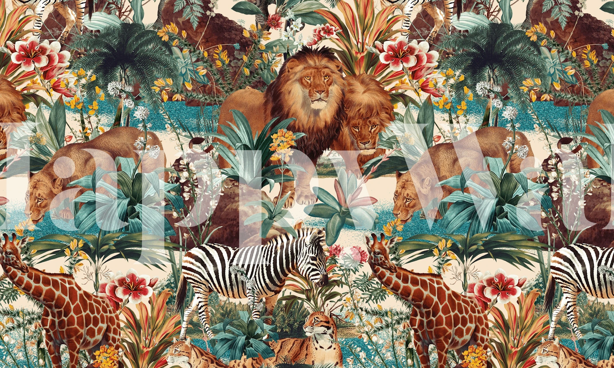 Vibrant wall mural with giraffes, lion, zebras among lush flowers