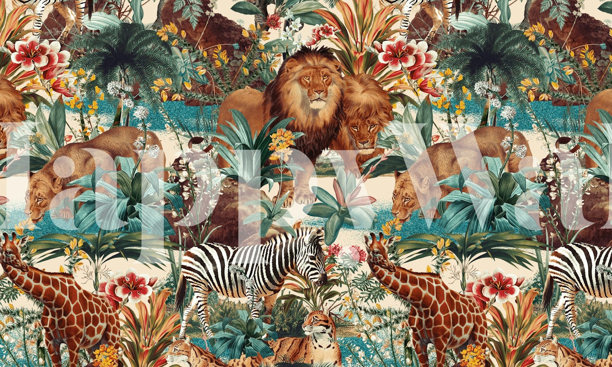 Żywa fototapeta z żyrafami, lwem i zebrami wśród bujnych kwiatów