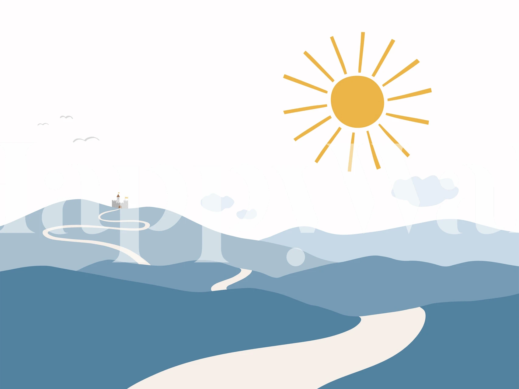 Blue road winding through hills with a sun and castle wallpaper