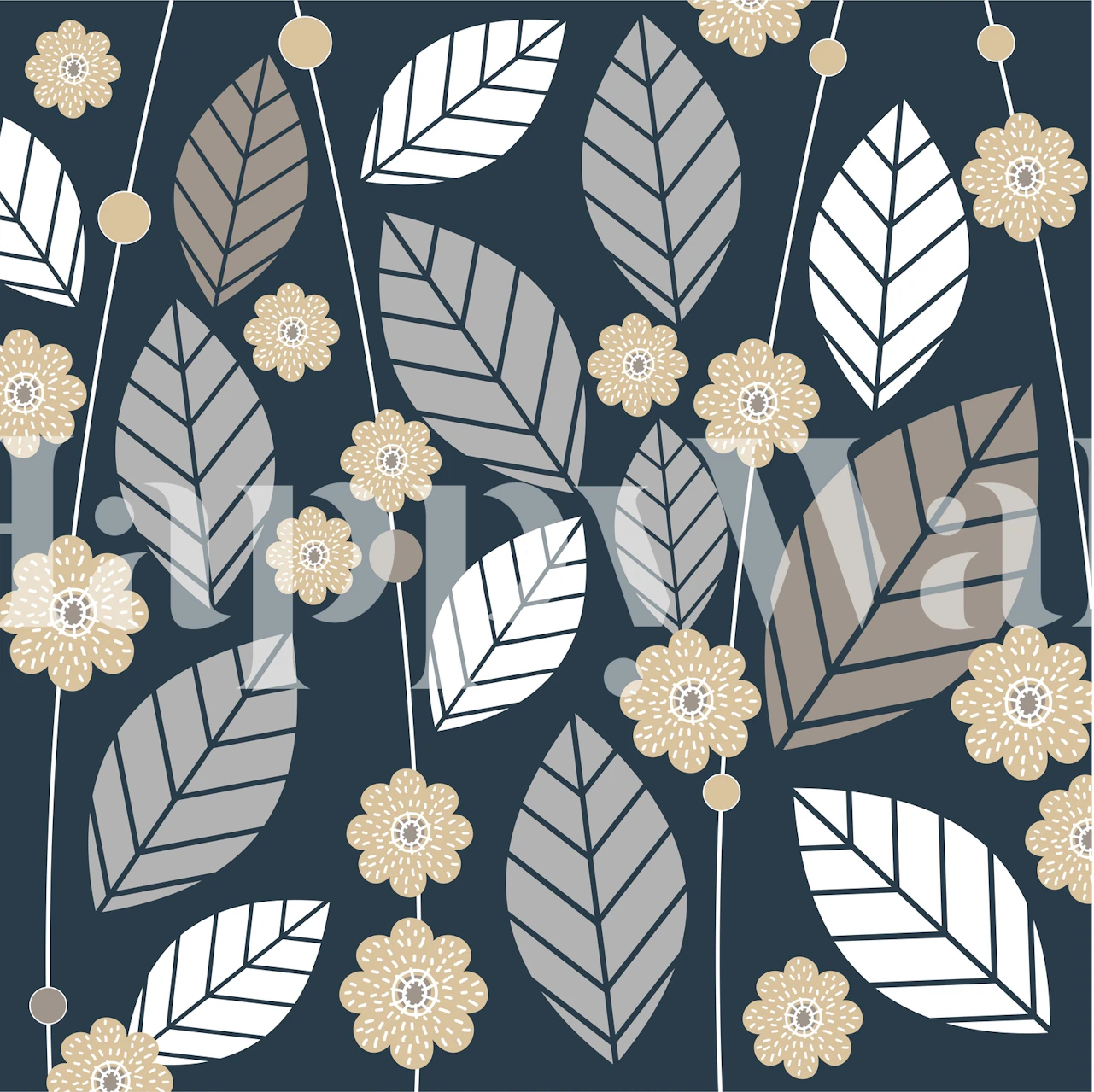 Botanical leaf pattern with grey, white, and beige flowers wallpaper
