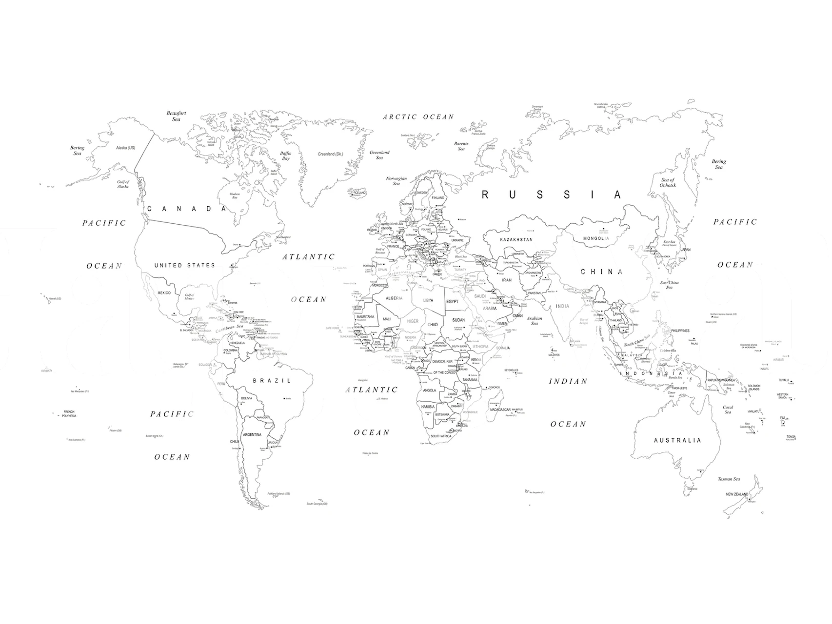 Black outline world map wall mural on a white background