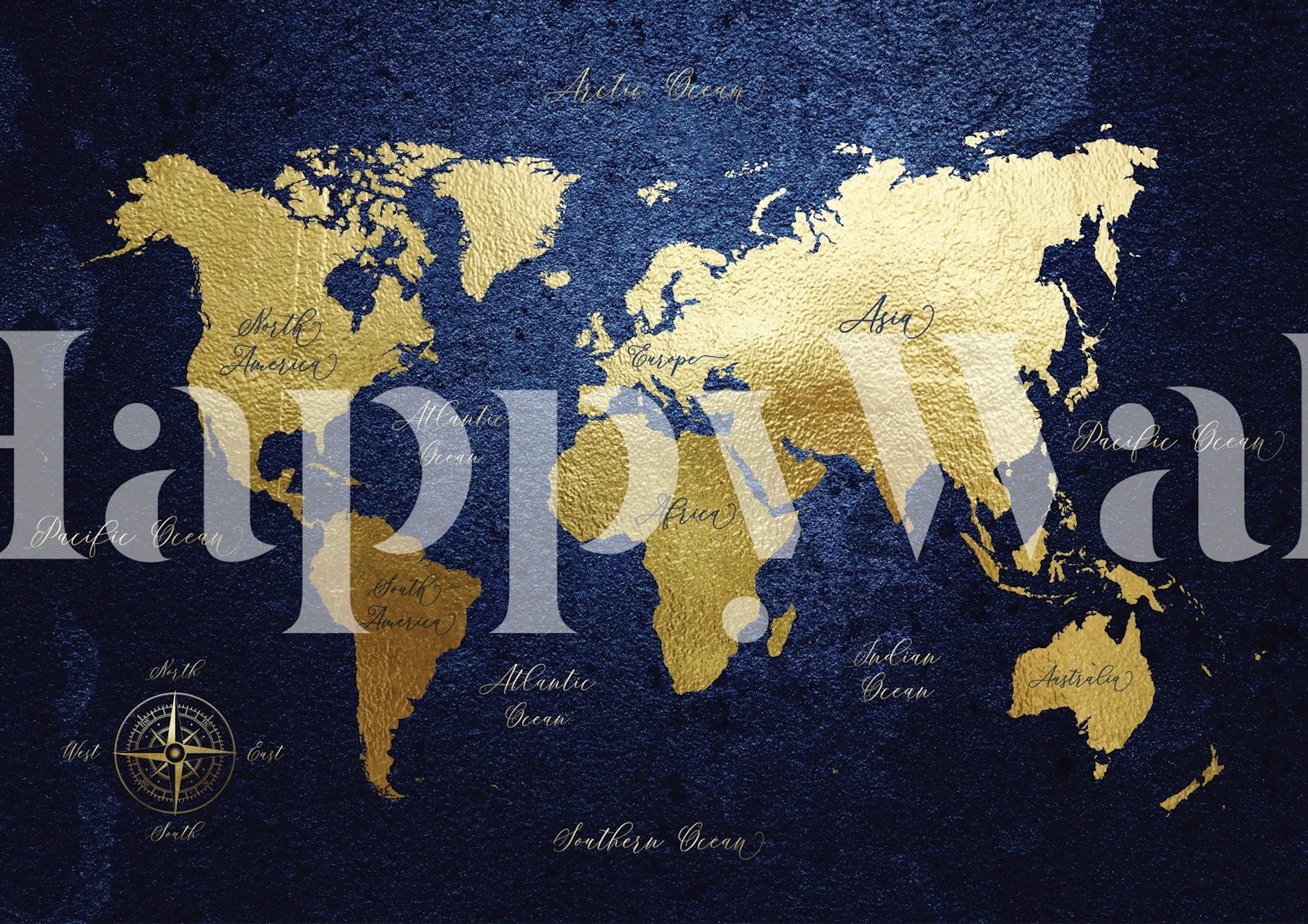 Navy Blue and Gold World Map Tapet med Detaljert Design