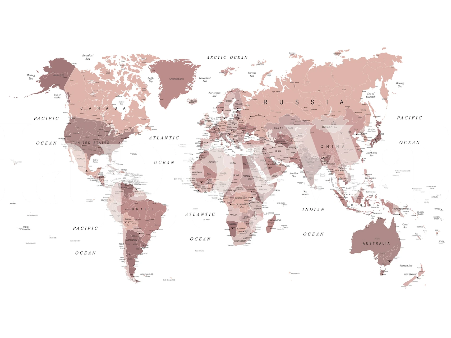 World map design in rose gold tones with country names, modern style wallpaper