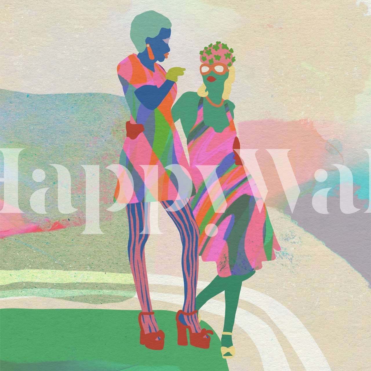 Carta da parati di arte astratta con due figure stilizzate colorate in un paesaggio pastello