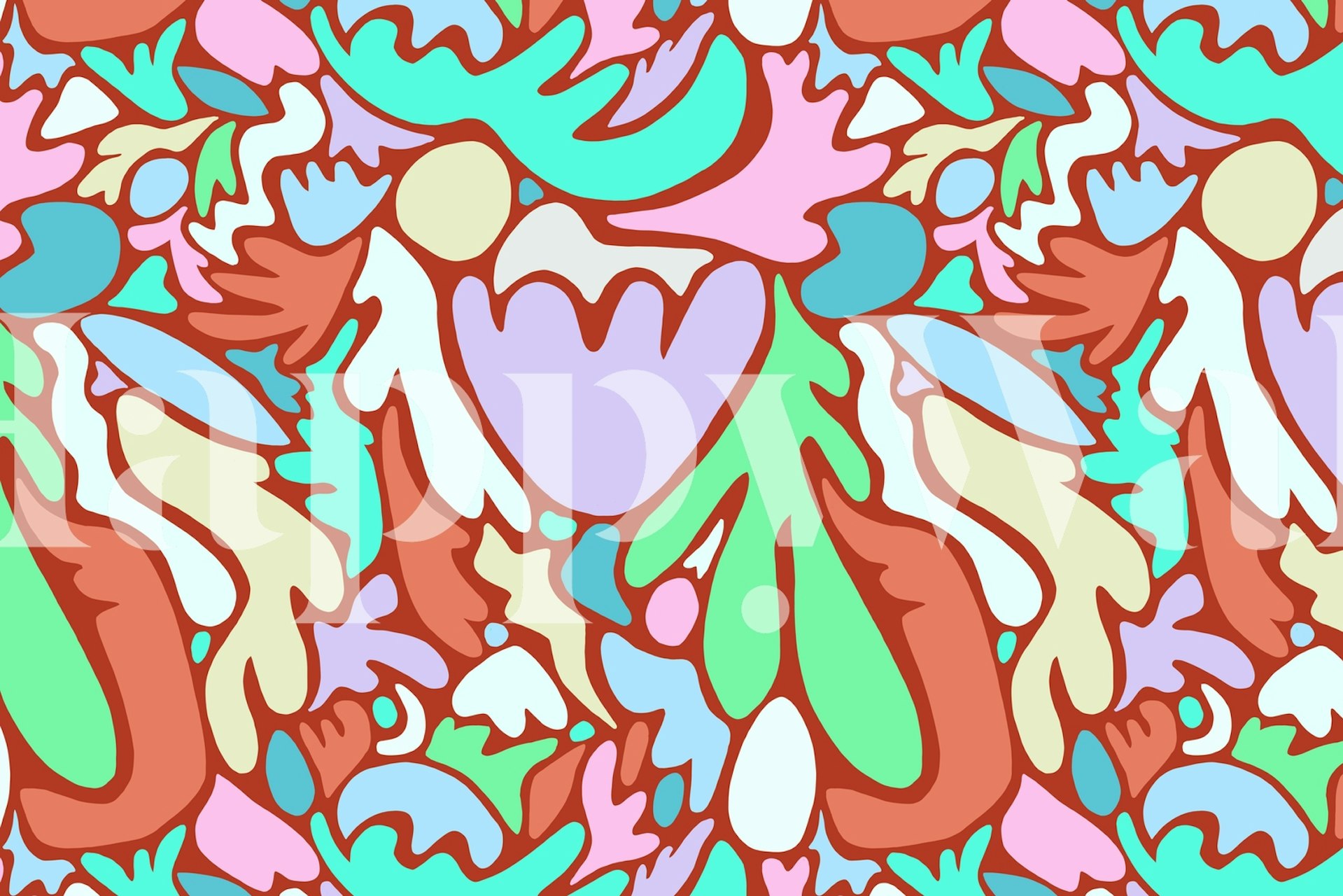 Stylized abstract sea life wall mural filled with colorful shapes and designs