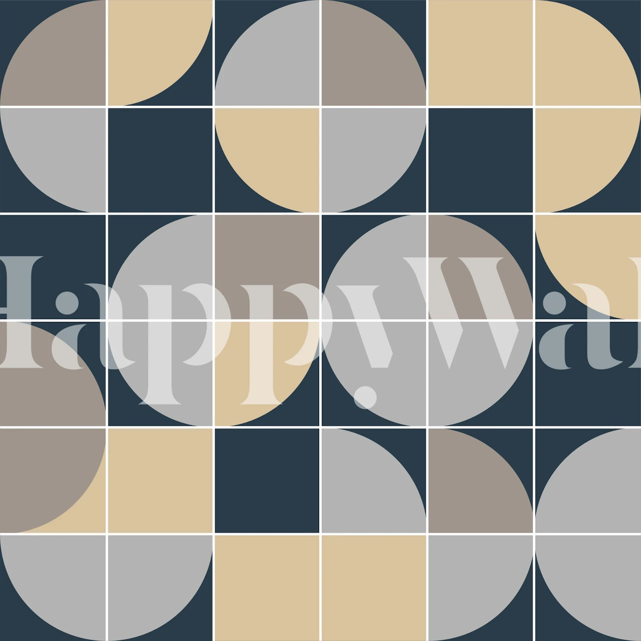 Retro mod abstract circle wall mural with geometric pattern in beige, navy, and gray tones