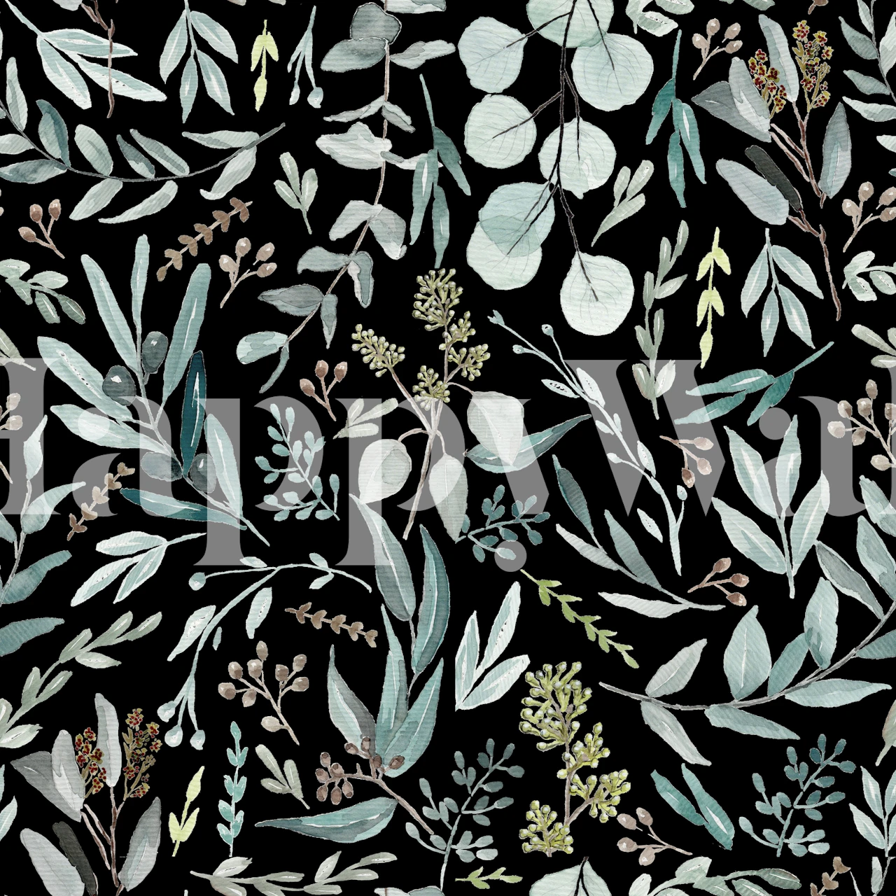 Eucalyptus leaves in green and gray on black wallpaper