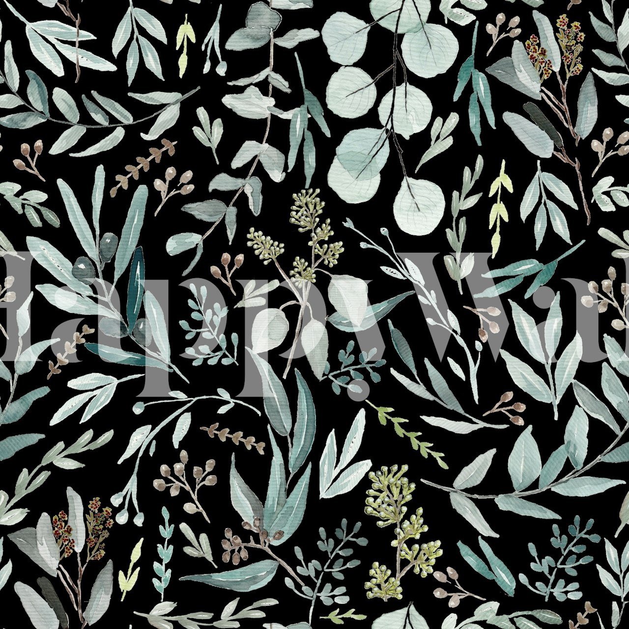 Eucalyptus leaves in green and gray on black wallpaper