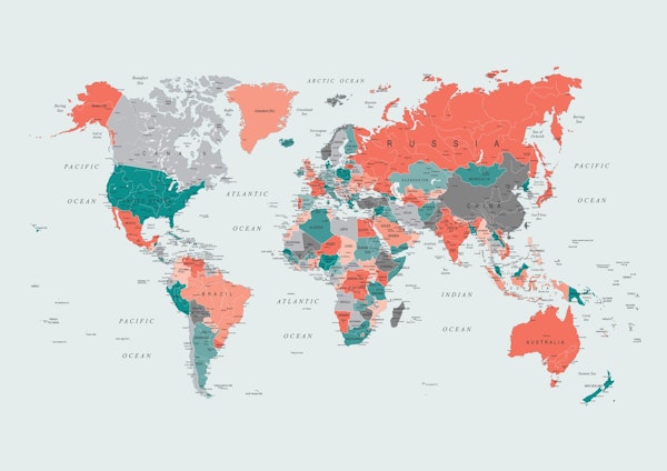 World Map Coral Teal Grey