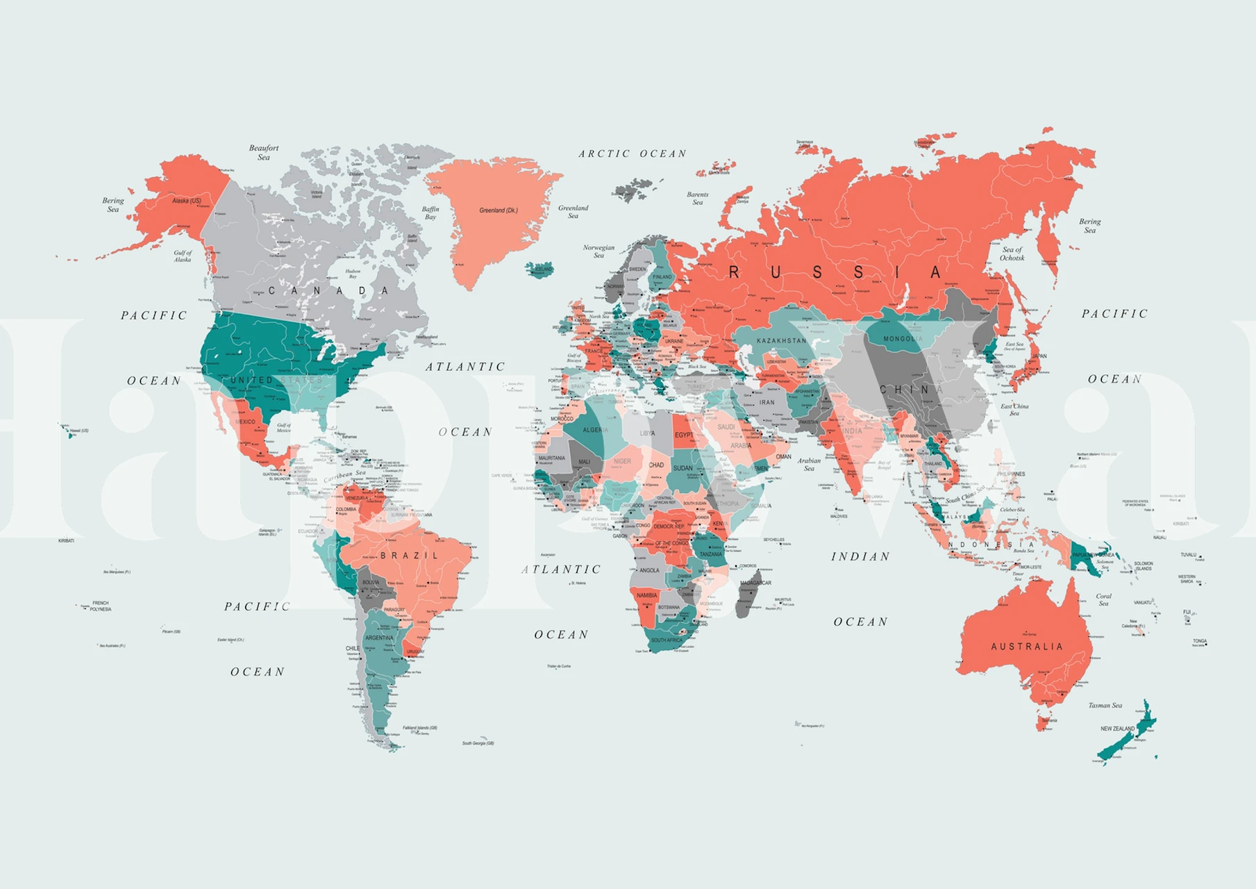 World map in coral, teal, and grey colors, modern wallpaper