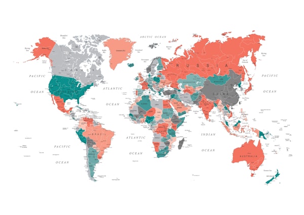 World Map Teal Coral Gray