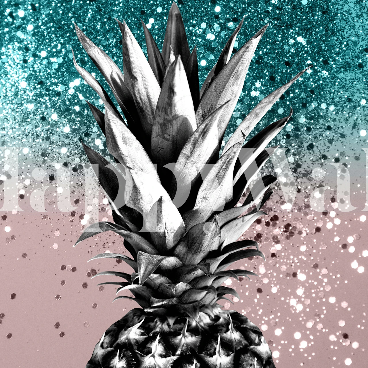 Black and white pineapple with sparkling teal and pink background wallpaper