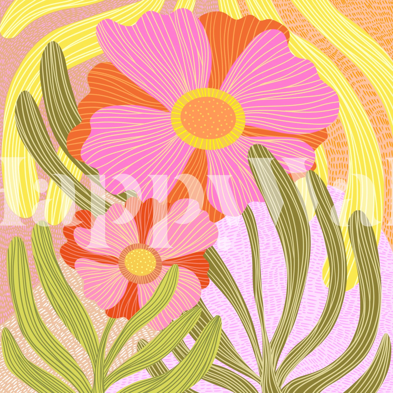 Fleurs roses et jaunes avec feuillage vert design wallpaper