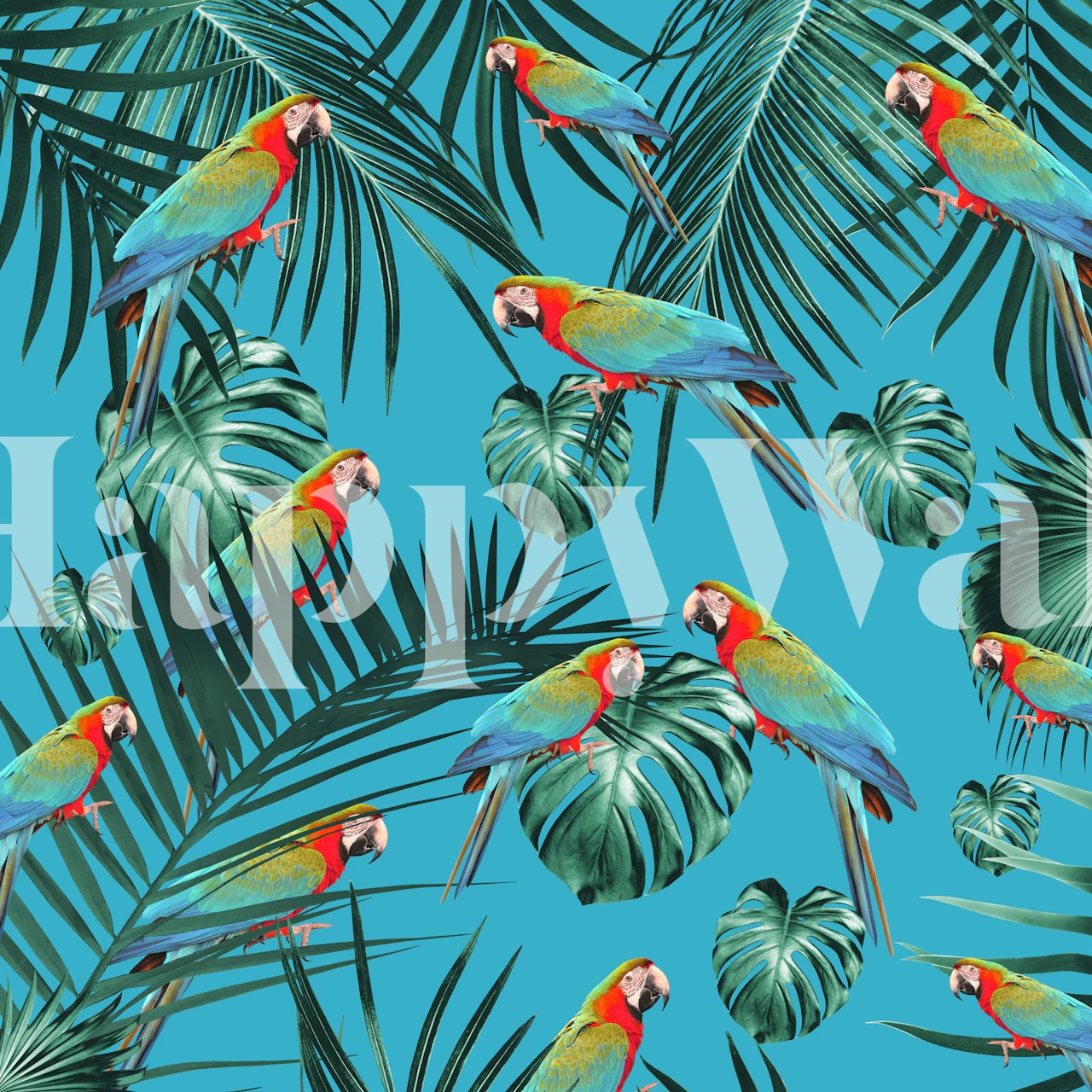 Brightly colored parrots among lush green tropical foliage on a teal background wall mural