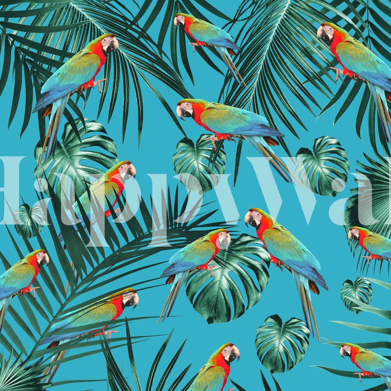 Brightly colored parrots among lush green tropical foliage on a teal background wall mural