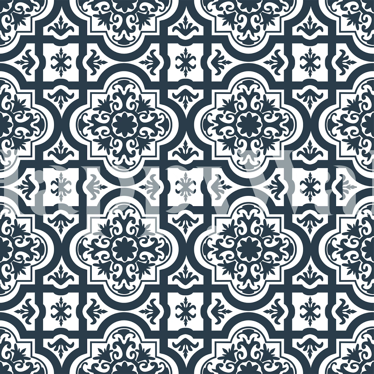 Moroccan monochrome patterned wallpaper in blue and white