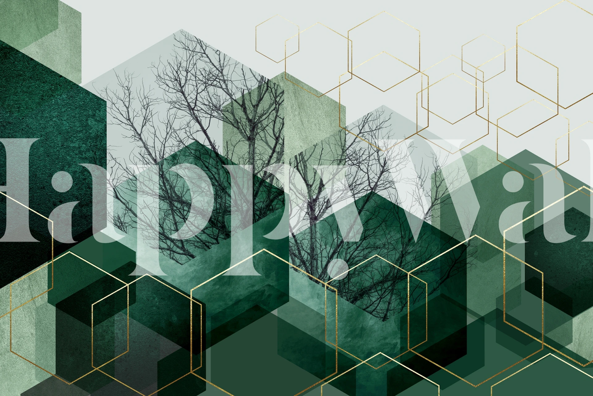 Geometric hexagonal pattern with emerald green tones and tree branches wallpaper.