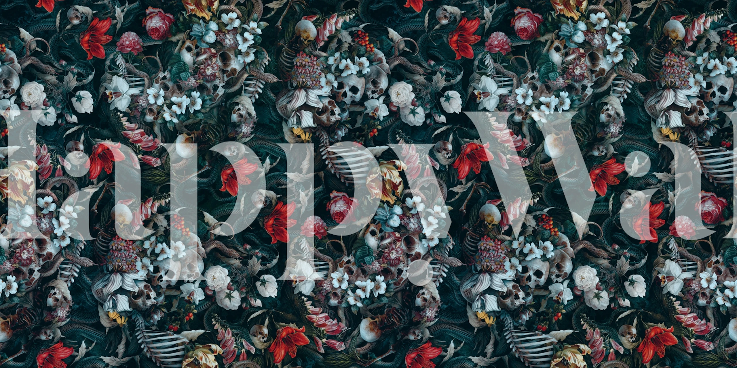 Dark patterned wall mural with intricate skulls and snakes design