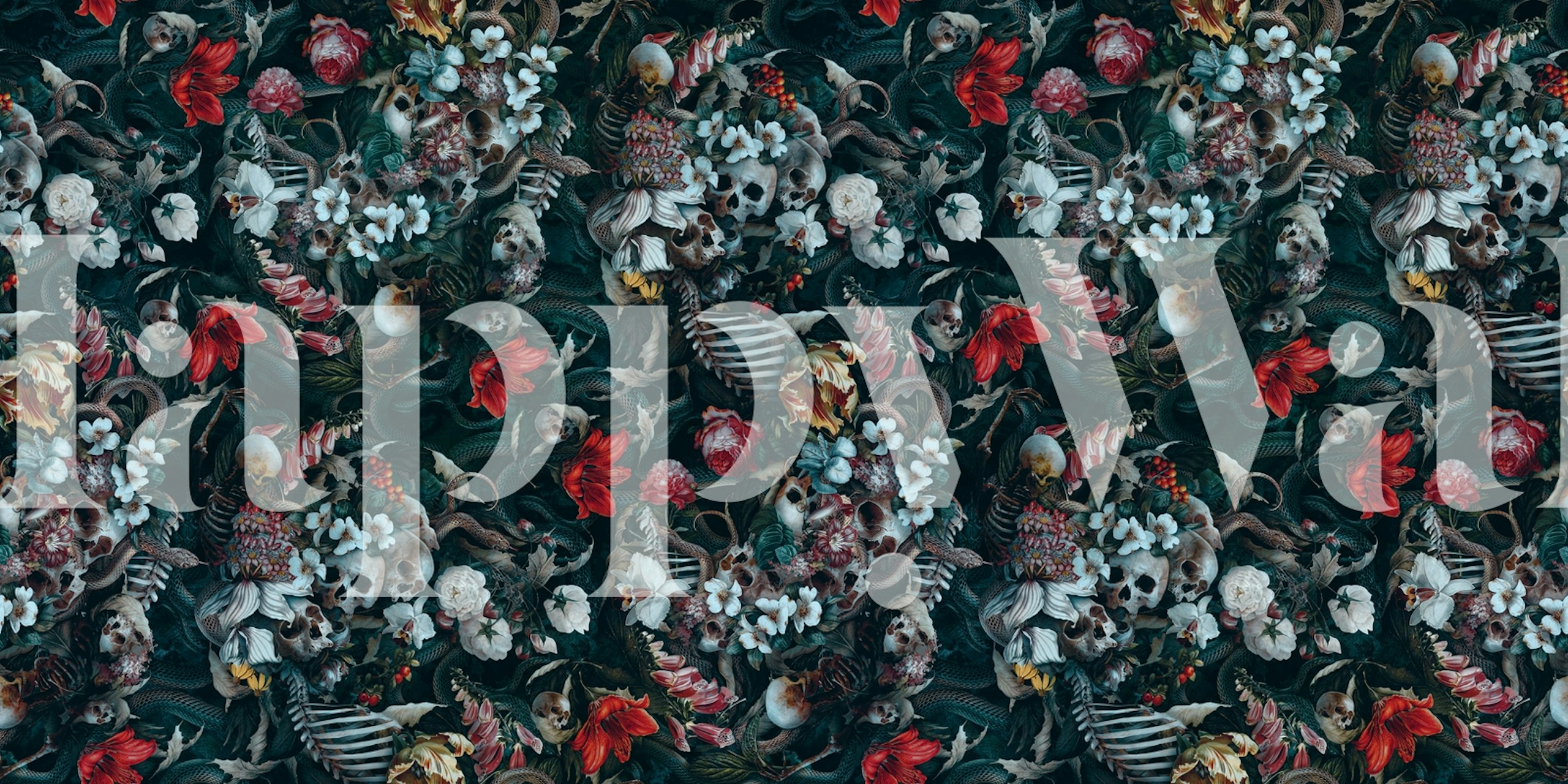Dark patterned wall mural with intricate skulls and snakes design