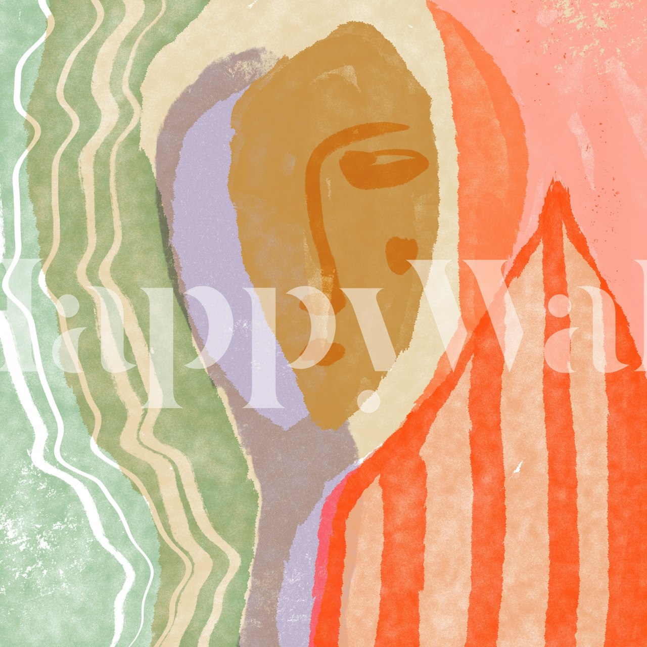 Stylized abstract portrait wall mural with pastel waves and patterns