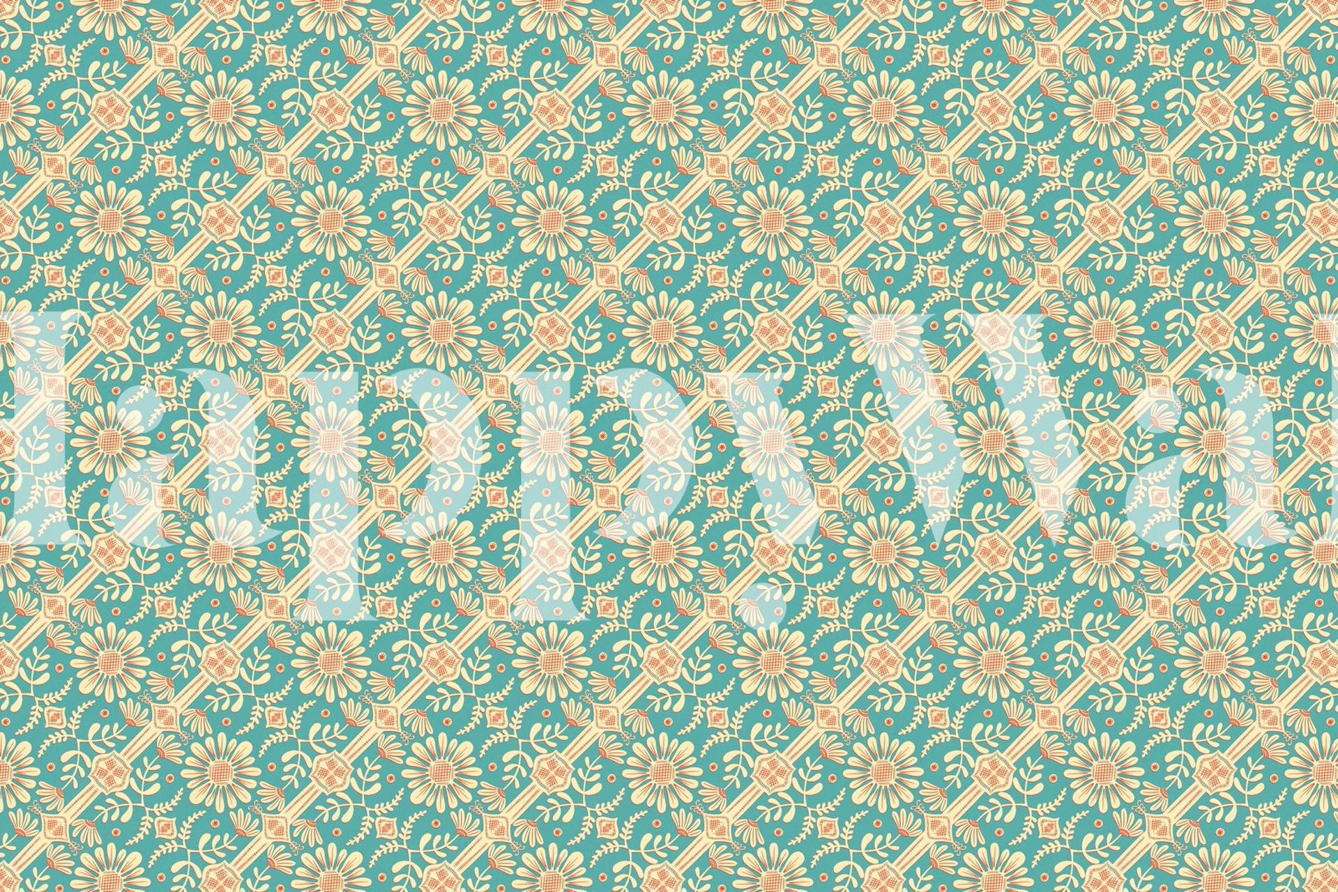 Boho floral pattern turquoise wallpaper in a room