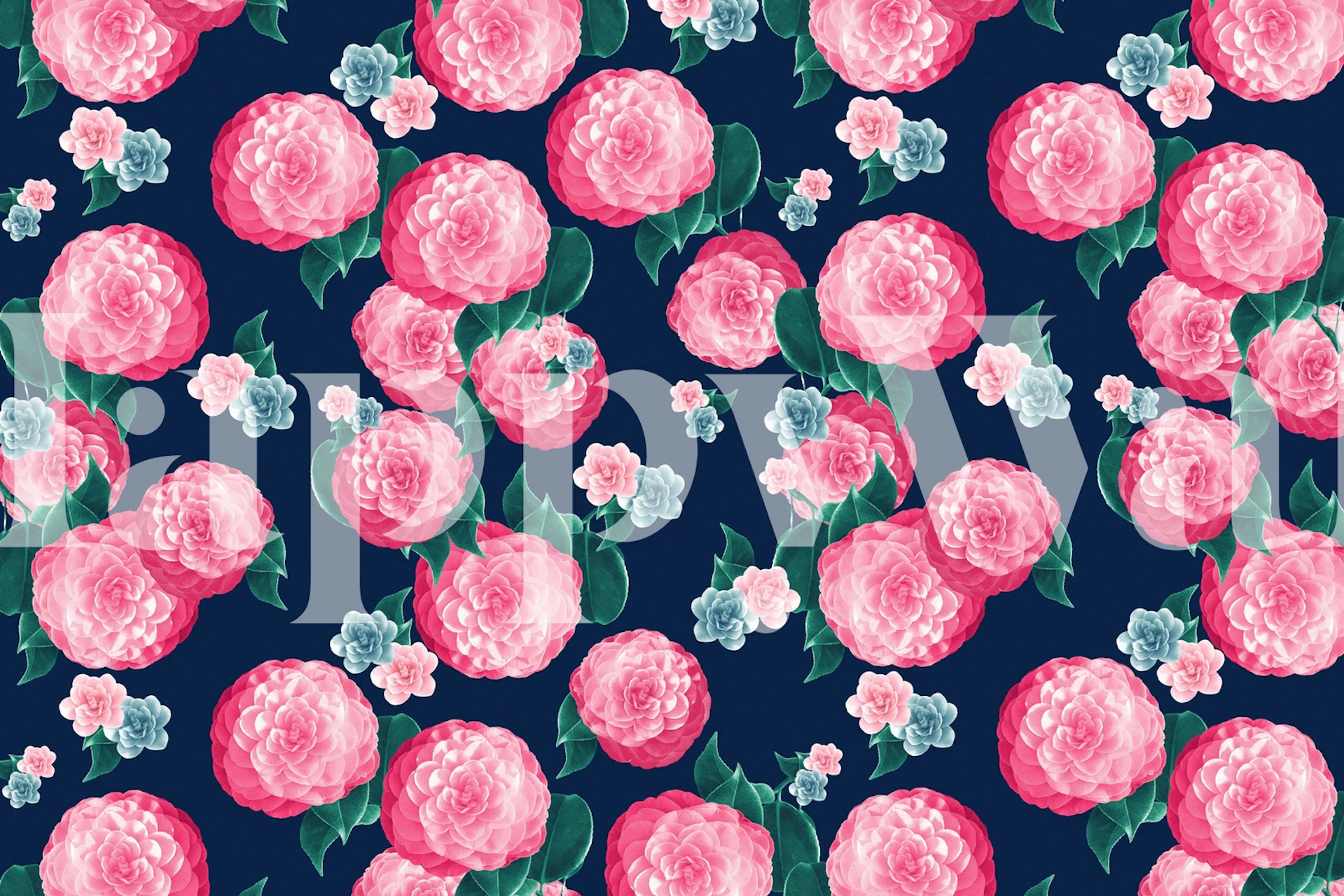 Pink peony floral pattern on navy wallpaper