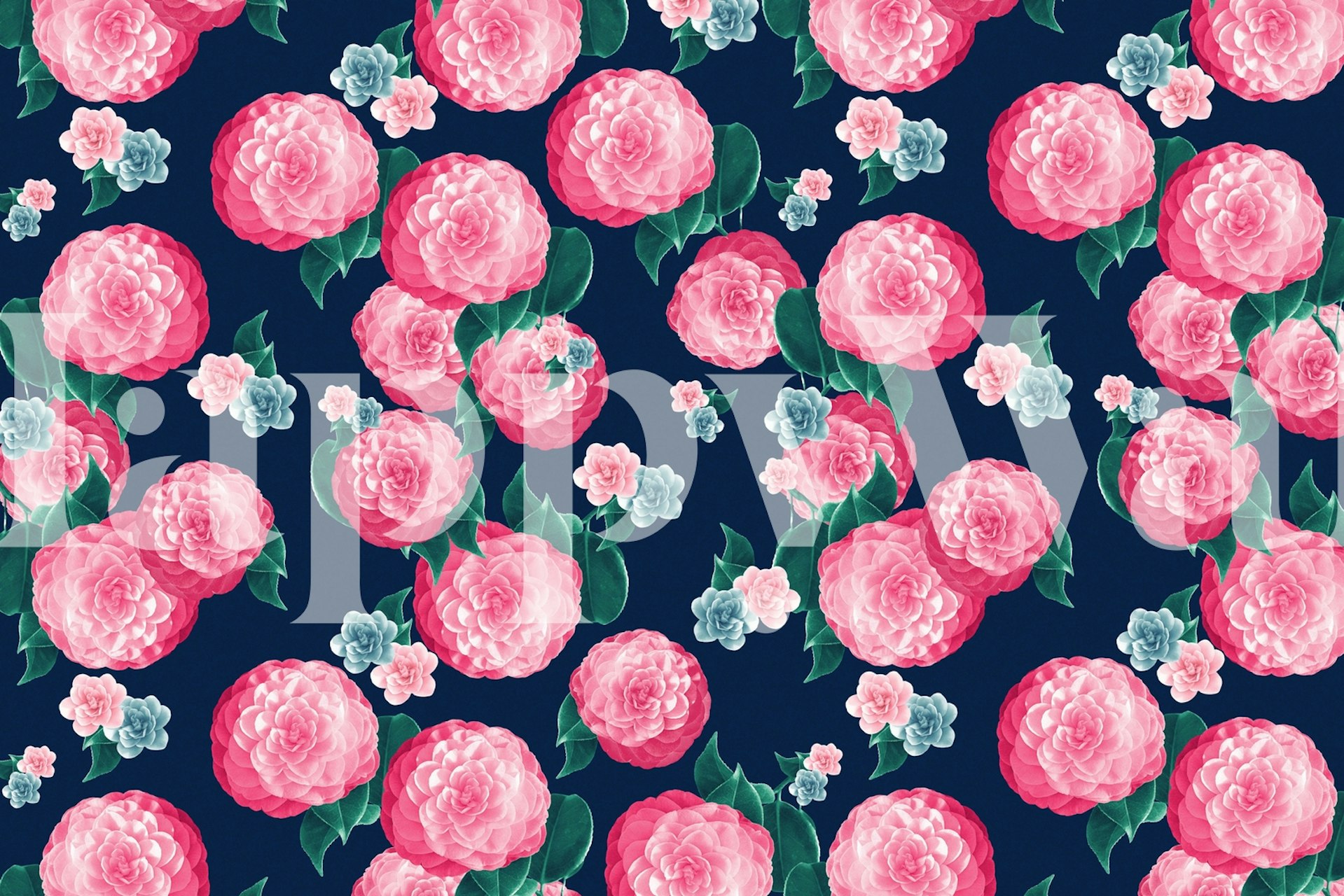 Pink peony floral pattern on navy wallpaper