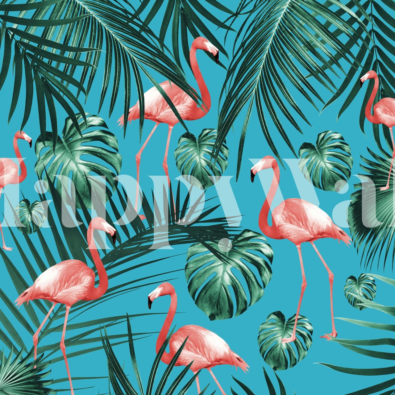 Tropical flamingo wallpaper displayed in a room