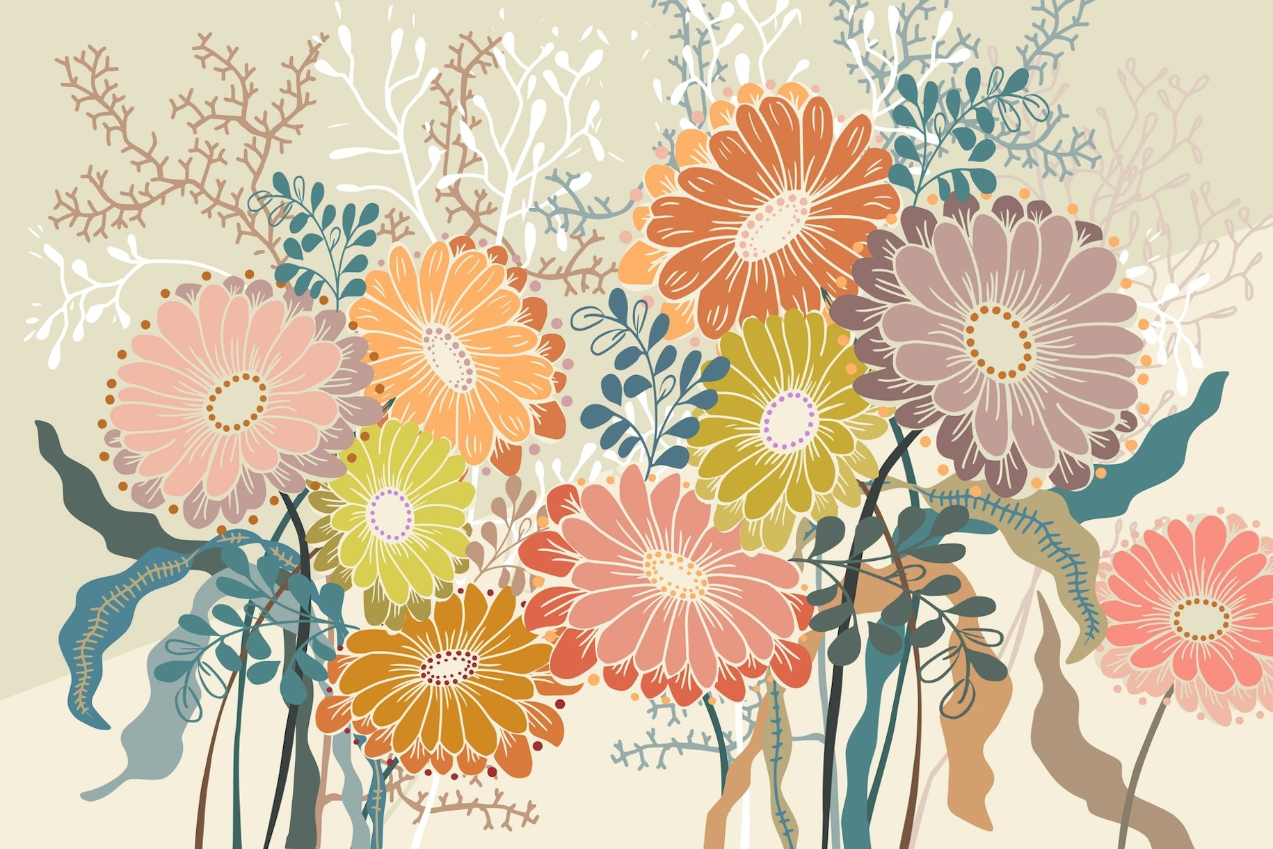 Flower Bouquet earthy tones wallpaper - Happywall