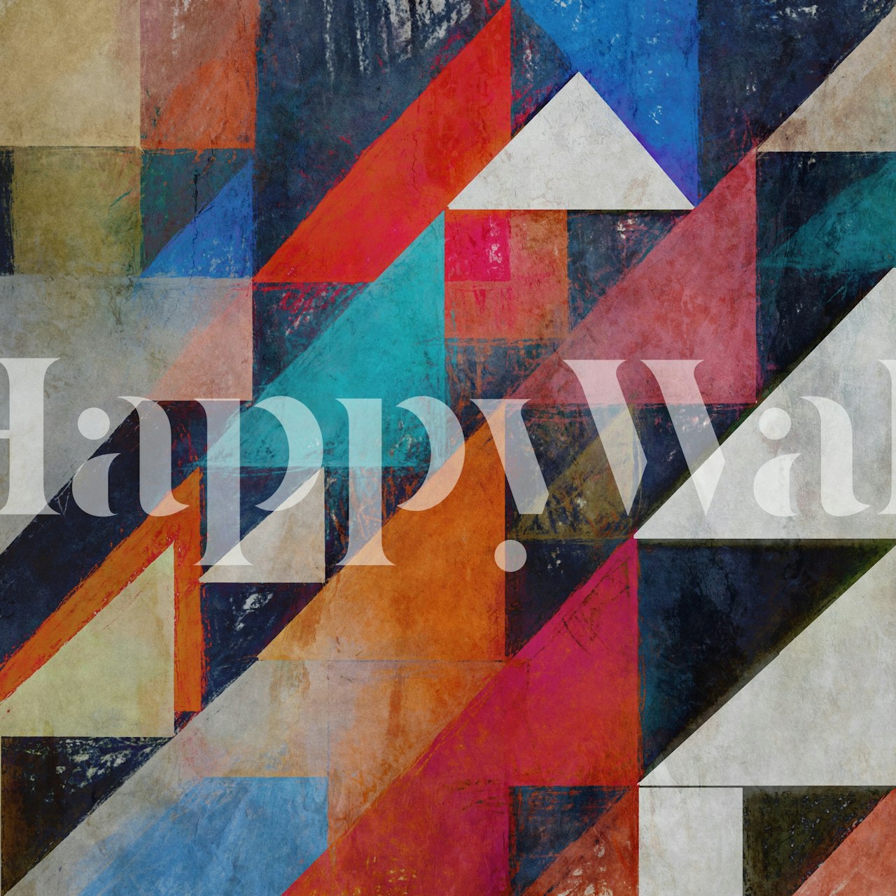 Abstract geometric wall mural with colorful triangles creating a dynamic and modern pattern