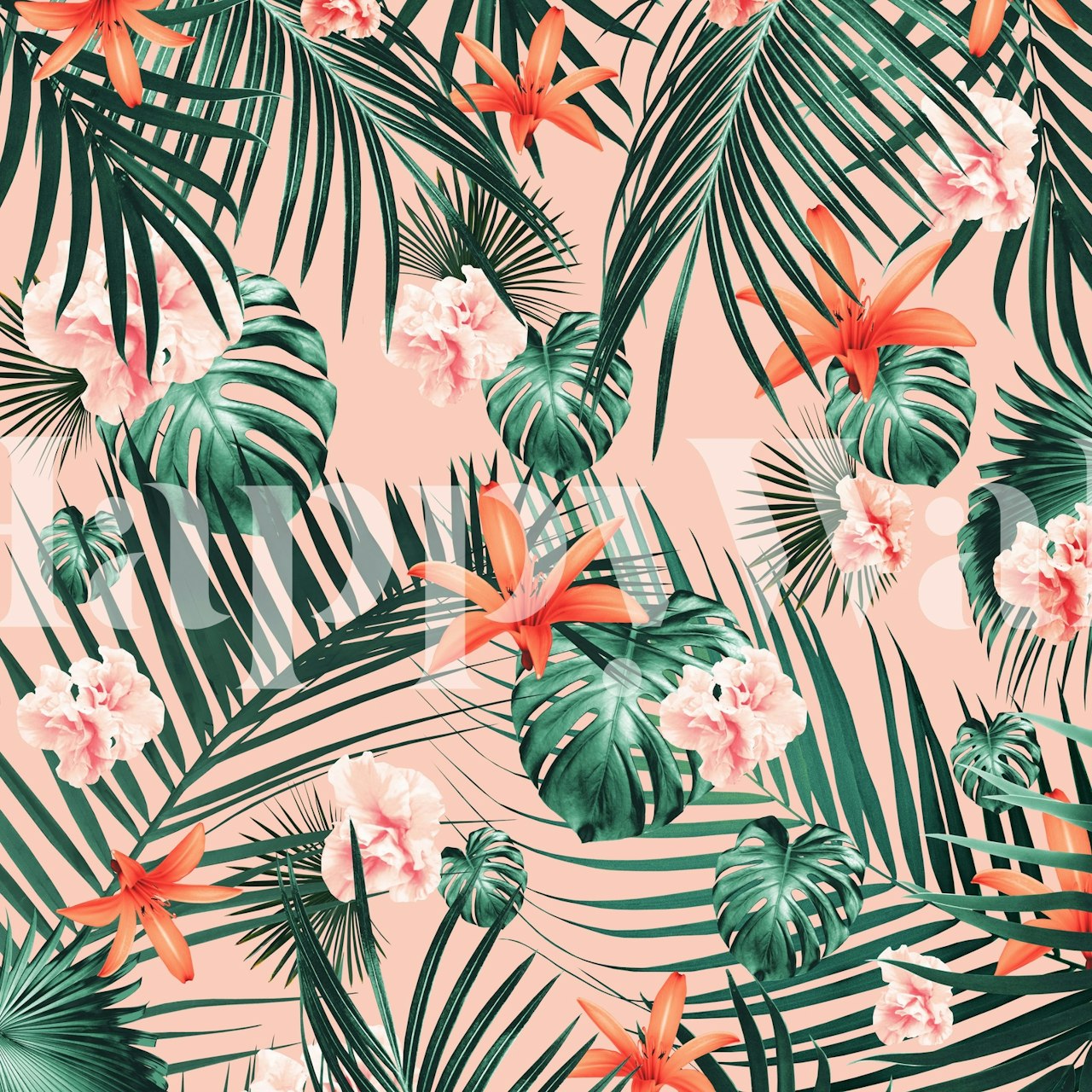Tropical flowers wallpaper in a room setting