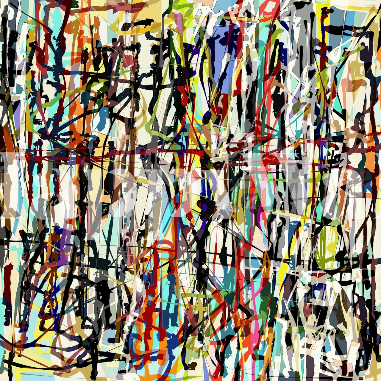 Abstract Pollock-inspired wall mural with a colorful mix of vibrant splatters and brush strokes.