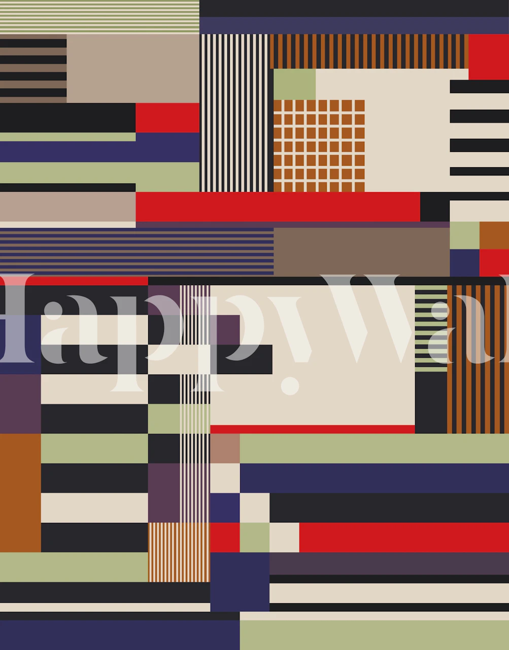 Colorful geometric pattern in shades of blue, red, green, and beige wallpaper