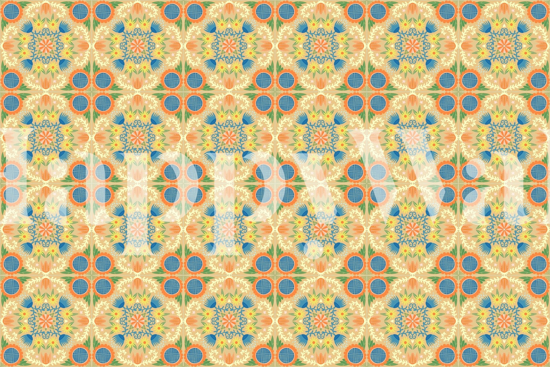 Colorful folk quilt pattern with yellow, blue, and orange on wallpaper